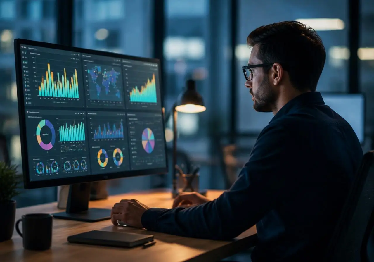 Analyst reviewing business intelligence dashboards on a large monitor