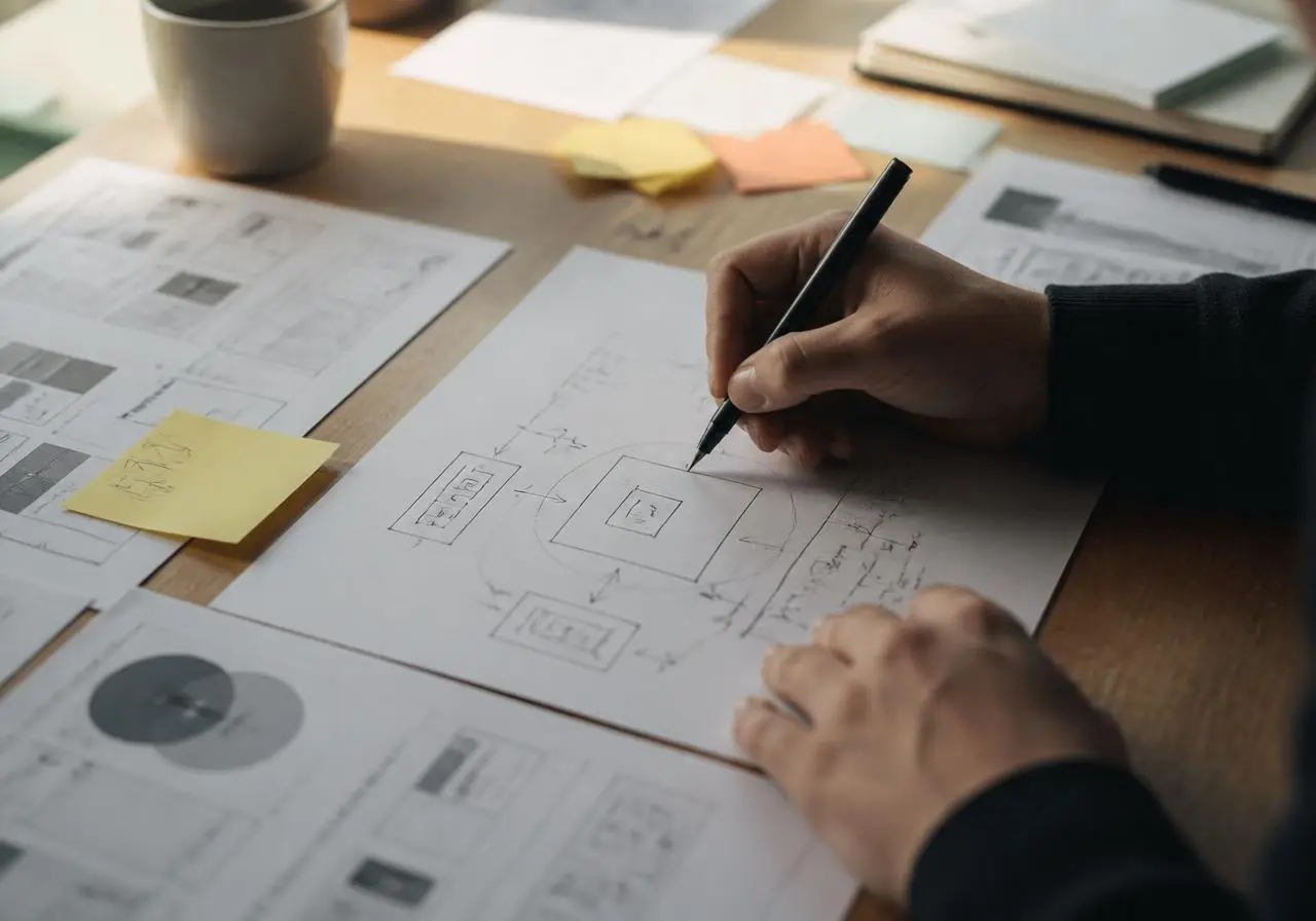 Hands sketching a design framework diagram on paper with sticky notes