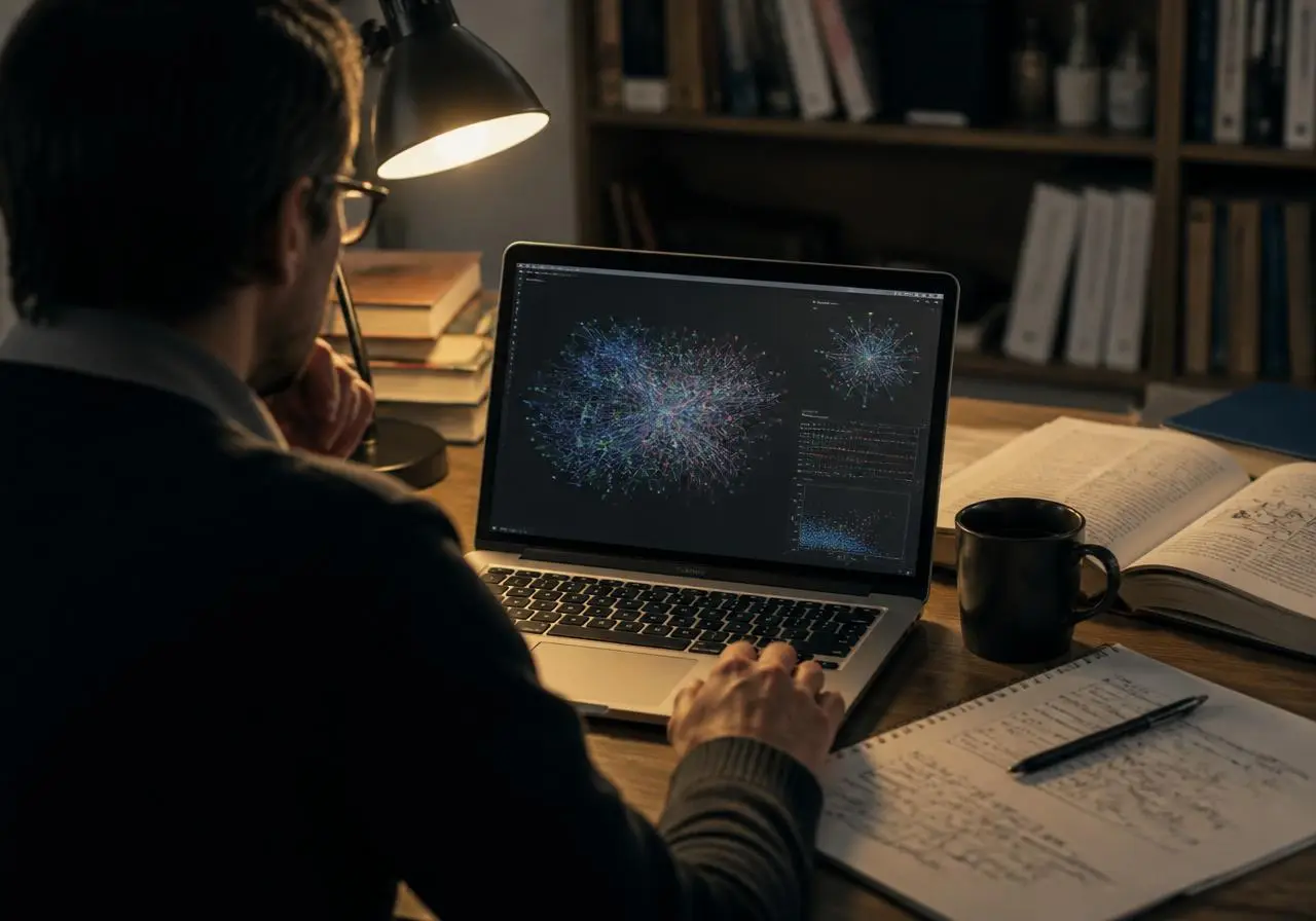 Researcher exploring a scholarly network visualization on a laptop