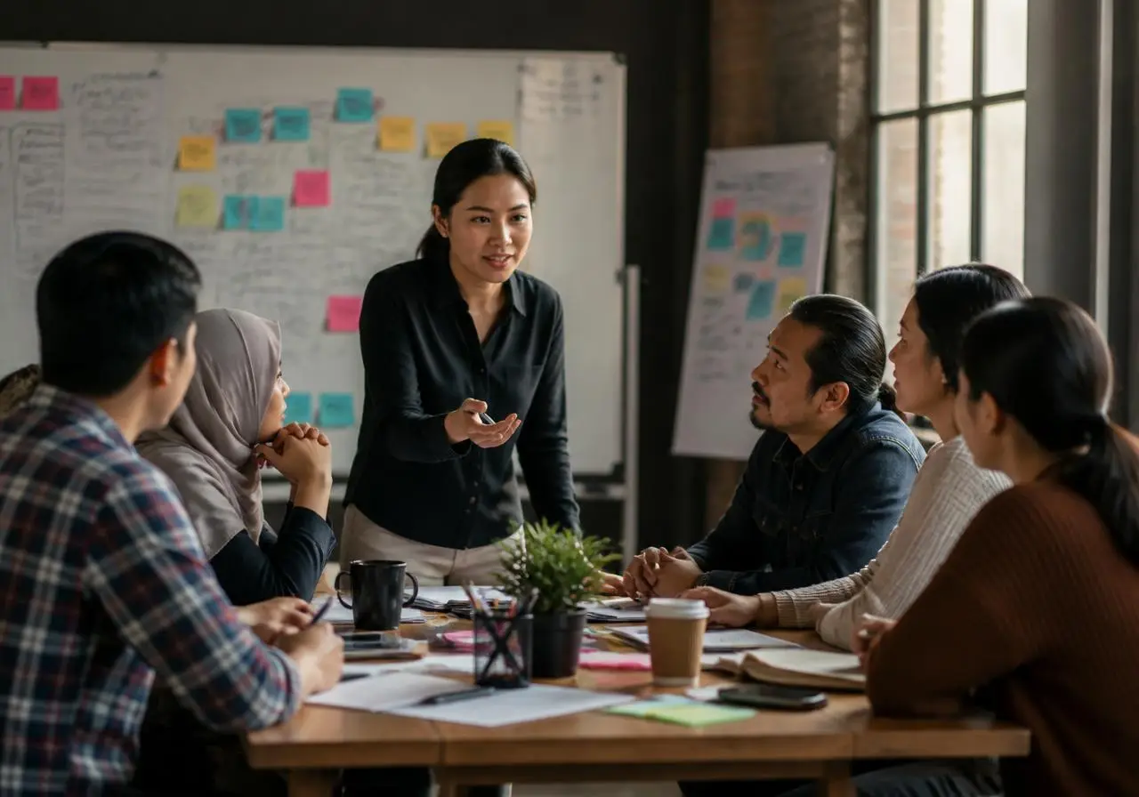 Facilitator leading a small business workshop around a table with sticky notes